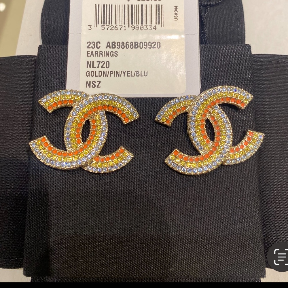 Chanel large CC rhinestone blue yellow orange coral earrings 2023’